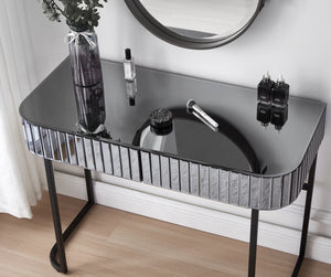 English Elm 39" Mirrored Vanity Table with Stainless Steel Base, 2 Drawers, Tempered Glass Top, 250lb Capacity, Gray Glam Desk N704P171796B