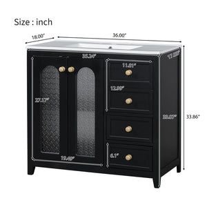 English Elm 36-inch ceramic basin vanity with patterned glass doors, gold round handles & ample storage drawers Black N729P184710B