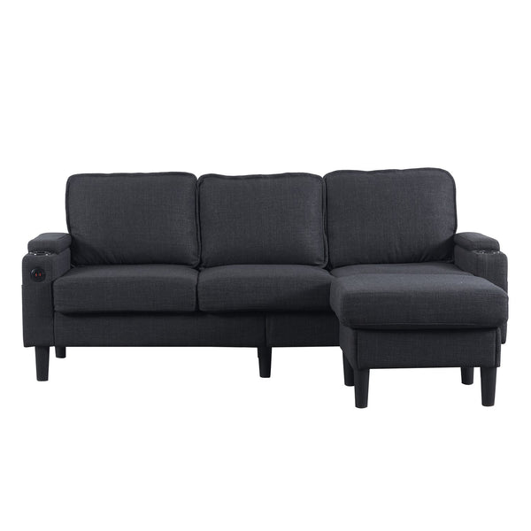 English Elm dark grey upgraded 3-seat combo sofa with storage ottoman, armrest pockets, USB ports, compact L-shape bench W2603P169692