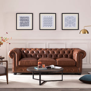 English Elm Traditional Tufted Leather Chesterfield Sofa with Feather-Down Cushions, Nailhead Trim & Wood Legs Light Brown B193P200141