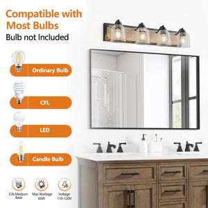 English Elm 32" Farmhouse Vanity Light Fixture - 4-Light Industrial Wall Sconce, Clear Seeded Glass, Black Wood Blend W2312P374827