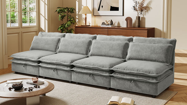 English Elm U_Style Modular Double-Layer 4-Seater Sofa with Hidden Storage, Removable Covers, Foam Comfort Grey WY000422AAE