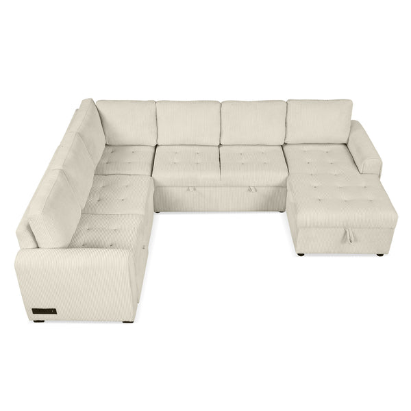 English Elm 107.5" U-shaped Sofa Sectional with Storage Chaise, Pull-Out Bed, USB Charging, Corduroy Comfort Beige N719S001570A