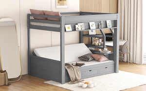 English Elm Wood Full Size Convertible Bunk Bed with Storage Staircase, Bedside Table and 3 Drawers, Gray - Space-Saving, Durable Design SM000335AAE