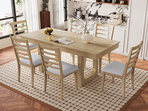 English Elm 7 Extendable Dining Table Set with 18" Leaf and 6 Upholstered Chairs — Rustic Farmhouse 60–78" Wood Veneer Table Natural N752S000090N