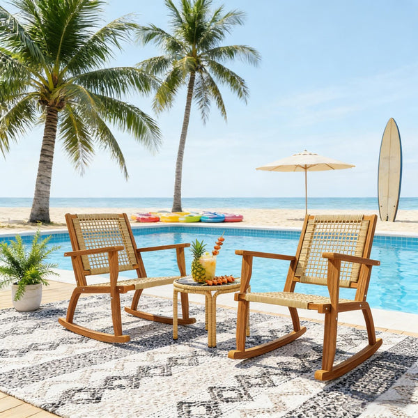 English Elm Rocking Chairs Set of 2 Outdoor Pe Wicker Acacia Wood Patio Porch Lounge T3971P444590