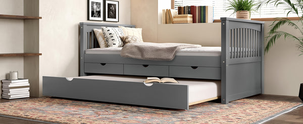 English Elm Twin Solid Wood Platform Bed with Trundle and Two Drawers, White Daybed for Kids Guests Gray W1580S00263