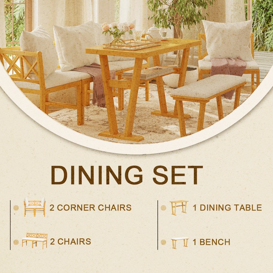 English Elm Small Farmhouse Solid Wood Dining Set for 6 — Space-Saving High Top Corner Table, Bench & Chairs, Cozy Durable Design TWSET2025-3N