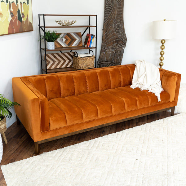 English Elm Ashcroft Furniture - Melissa Mid-Century Velvet Sofa with Solid Wood Frame, High-Density Foam, Stain-Resistant Pet-Friendly Elegance Brown,Burnt Orange B183P232141