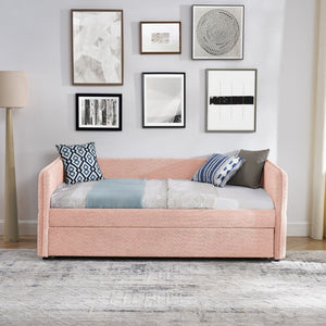 English Elm Daybed Boucle Upholstered Tufted Twin Trundle Sofa for Guest Bedroom Studio Lounge Pink W1413S00172