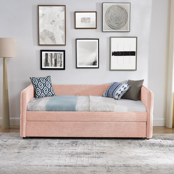 English Elm Daybed Boucle Upholstered Tufted Twin Trundle Sofa for Guest Bedroom Studio Lounge Pink W1413S00172