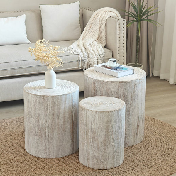 English Elm Set of 3 Whitewashed Wood Accent Tables - Rustic Tree Trunk Cylindrical Side Tables for Cozy Homes W2729P209831