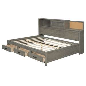 English Elm Full Size Gray Wood Daybed with Storage Drawers Shelf Usb Charging Upholstered Back LP002025AAE-1