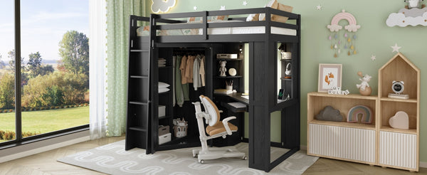 English Elm Twin Loft Bed with Wardrobe Desk Charging Station and Spotlights for Small Rooms Black LT000450AAB