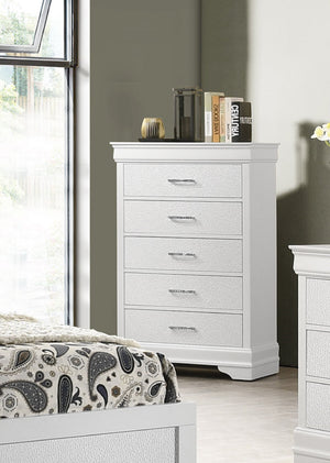 English Elm 5-Drawer Tall Chest 31.5"x15.8"x48.3" White Texture Finish Solid Wood with Crystal Tufted Handles, Nickel Accents B011P304433