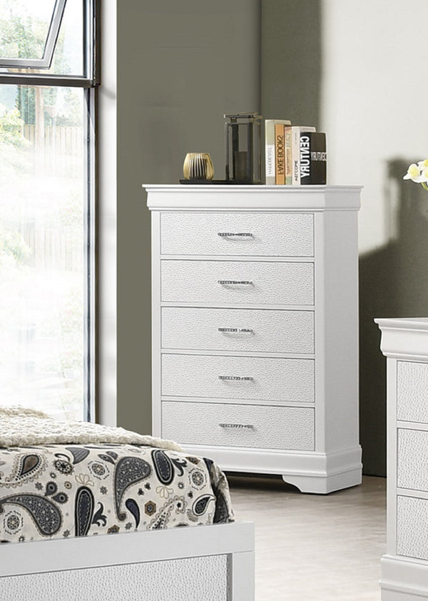 English Elm 5-Drawer Tall Chest 31.5"x15.8"x48.3" White Texture Finish Solid Wood with Crystal Tufted Handles, Nickel Accents B011P304433