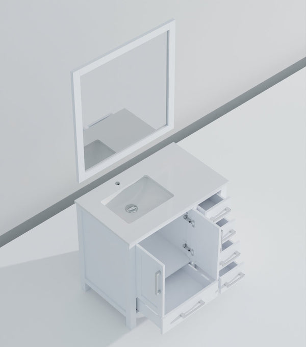 English Elm White Bath Vanity 36" W X 22" D With Left Offset Quartz Top & 34" Mirror - Stylish Storage Solution! B2731S00681-GIGA