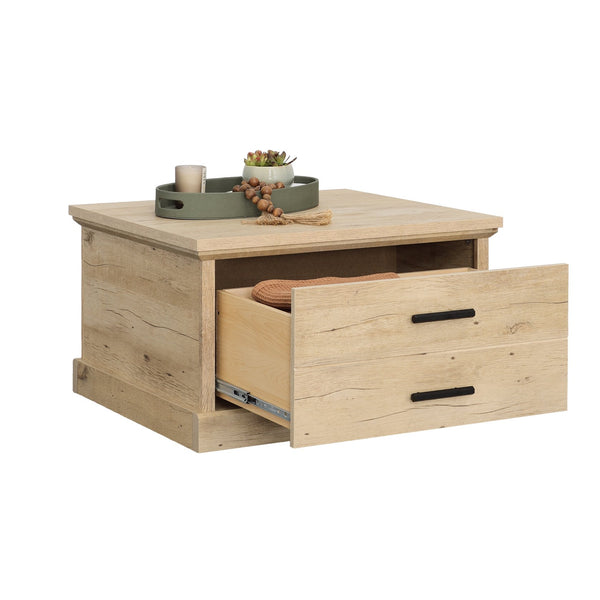 English Elm Coffee Table with Spacious Drawer and Open Shelf, Engineered Wood, Rustic-Modern Farmhouse Charm, Sturdy Design Brown B356P354413