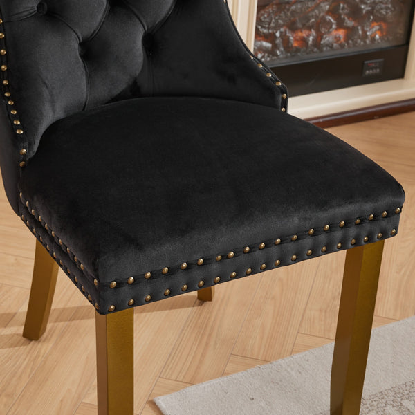 English Elm Mid-Century Tufted Velvet Dining Chair with Lion Head Ring, Nailhead Trim, Solid Wood Legs Black W1143P193168
