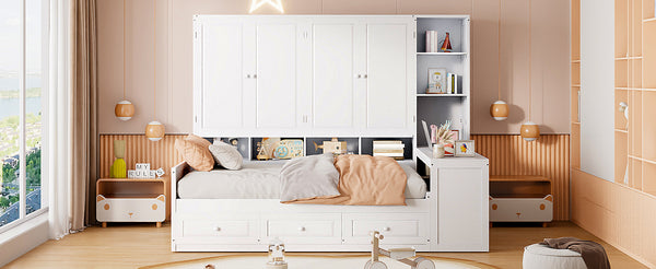 English Elm Full Size Wooden Daybed With Versatile Workspace, Three Storage Drawers, And Adjustable Shelves N820S00055K