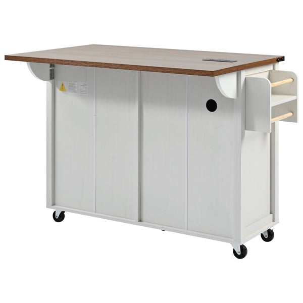 English Elm K&K Farmhouse Kitchen Island Cart 53.5" with Drop Leaf, Built-In Power Station, Ample Storage & Wheels White N707P170348W