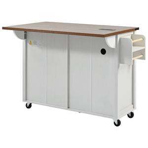 English Elm K&k Farmhouse Rolling Kitchen Island with Drop Leaf Power Outlets and Storage Cabinet White N707S170348W