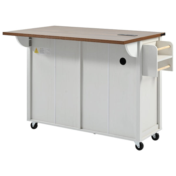 English Elm K&k Farmhouse Rolling Kitchen Island with Drop Leaf Power Outlets and Storage Cabinet White N707S170348W