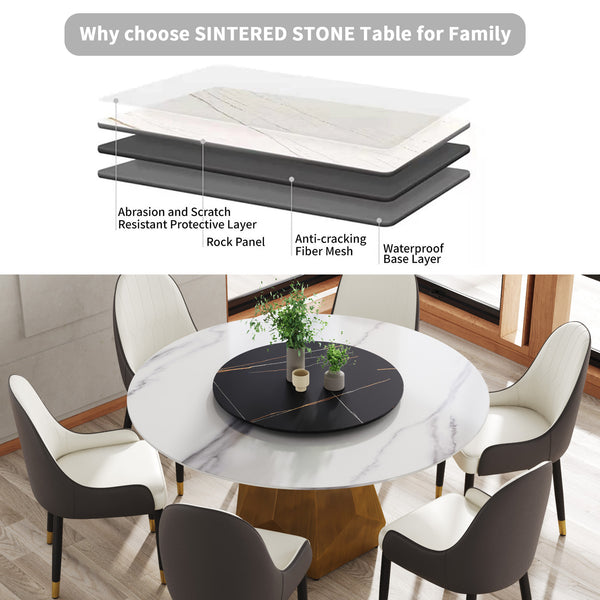 English Elm 59.05" Round Marble Dining Table With Metal Base, Seats 6-8, Stylish Black & White Finish, Turntable W1535S00373