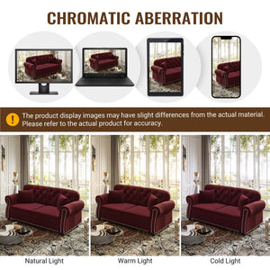 English Elm Upholstered Velvet Chesterfield Sofa with Button Tufting Nailhead Trim and Ottoman Burgundy W1885S00396