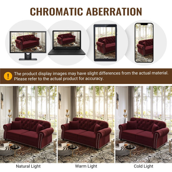 English Elm Upholstered Velvet Chesterfield Sofa with Button Tufting Nailhead Trim and Ottoman Burgundy W1885S00396