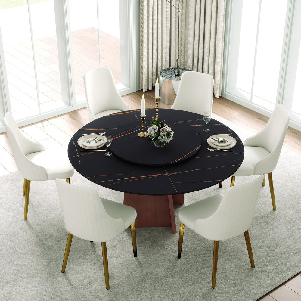 English Elm 59.05" Round Marble Dining Table For 6-8 People With Iron Base & Black Stone Turntable - Modern Elegance W1535S00485