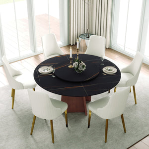 English Elm 59.05" Round Marble Dining Table For 6-8 People With Iron Base & Black Stone Turntable - Modern Elegance W1535S00485
