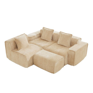 English Elm Streamlined Velvet L-shaped Sectional Sofa with Ottoman and Cloud Cushion Living Room Light Camel W3041S00352