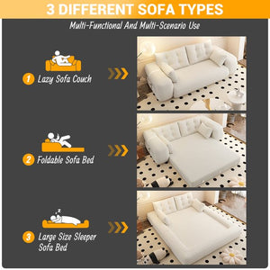 English Elm Human 78.7" Multi-Functional Foldable Sofa Bed – 3-in-1 Teddy Foam Sleeper, Removable Cushions, 2-Seater Guest Lounge Beige+White W1885P277275