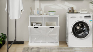 English Elm Two-Compartment Modern Tilt-Out Laundry Sorter Cabinet White – Space-Saving Organizer, Durable UV Finish, 100lb Load-Bearing Capacity W282P190993