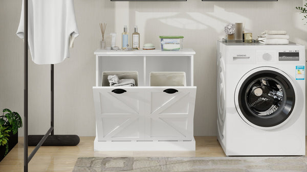 English Elm Two-Compartment Modern Tilt-Out Laundry Sorter Cabinet White – Space-Saving Organizer, Durable UV Finish, 100lb Load-Bearing Capacity W282P190993