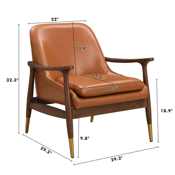 English Elm 29.2'' Mid-century Faux Leather Accent Chair Solid Wood Frame Brass Tipped Legs Lounge N767P205863B