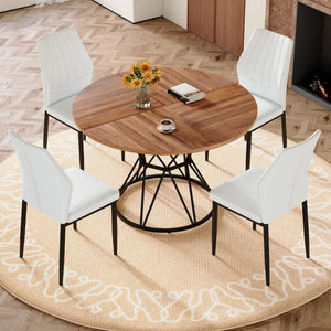 English Elm Table and Chair Set Walnut Round Dining with Hourglass Base Four Fabric Seats Walnut+Black,White W1151S04857
