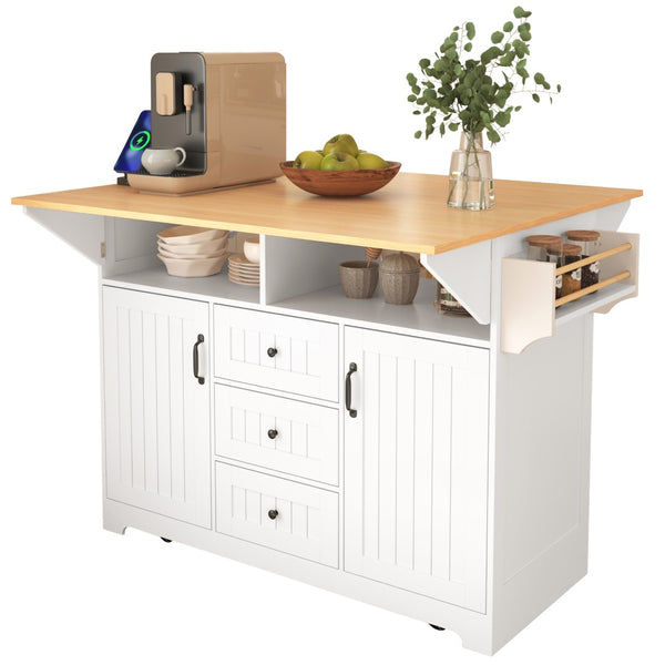 English Elm K&k Rolling Kitchen Island with Drop Leaves Power Outlet Drawers and Spice Rack White N707S186617W