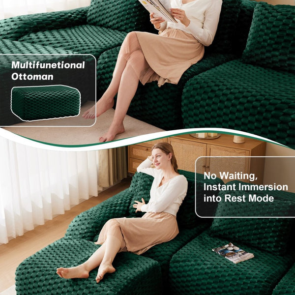 English Elm 82" Modular L-shaped Sectional Sofa Flannelette Upholstered with Movable Ottoman Living Room Green W714S01524
