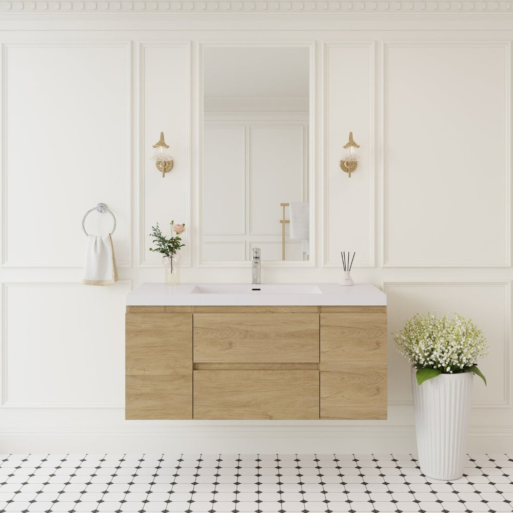 English Elm Floating Oak Bathroom Vanity Wall Mounted with Resin Sink and Soft Close Drawers W1573S00103
