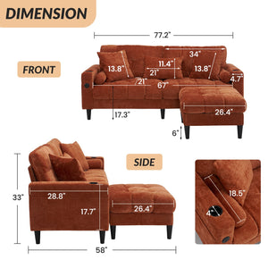 English Elm 3 Seat L Shaped chenille Sofa with Removable Storage Ottoman, USB-C & USB Ports, Cup Holders, Cozy Comfort Orange W2606P265177