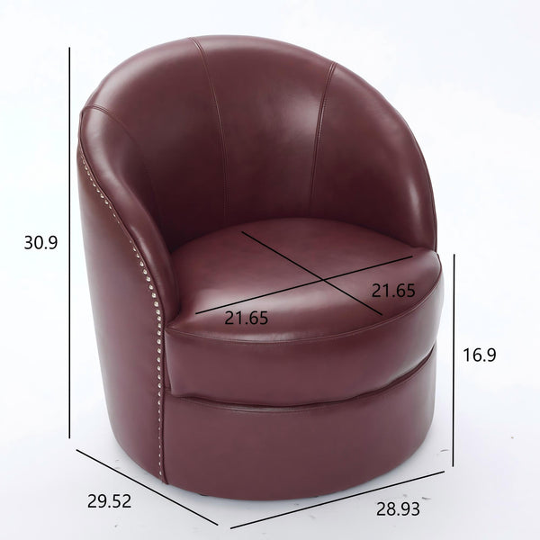 English Elm Dark red Top-Grain Leather Swivel Accent Chair with 360° Smooth Spin, Riveted Rock’n’Roll Style, Sturdy Base W570P386958