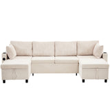 English Elm 111.8" Sectional Sofa Pull-Out Sofa Bed Versatile Sofa Sleeper With Large Storage Space, Two Usb Ports and Two Cup Holders For Living Room, Beige