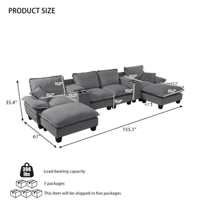 English Elm Modular U-shaped Chenille Sectional Sofa with Storage Consoles Usb Charging and Ottomans Grey W3163S00126