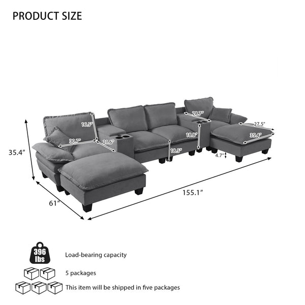 English Elm Modular U-shaped Chenille Sectional Sofa with Storage Consoles Usb Charging and Ottomans Grey W3163S00126