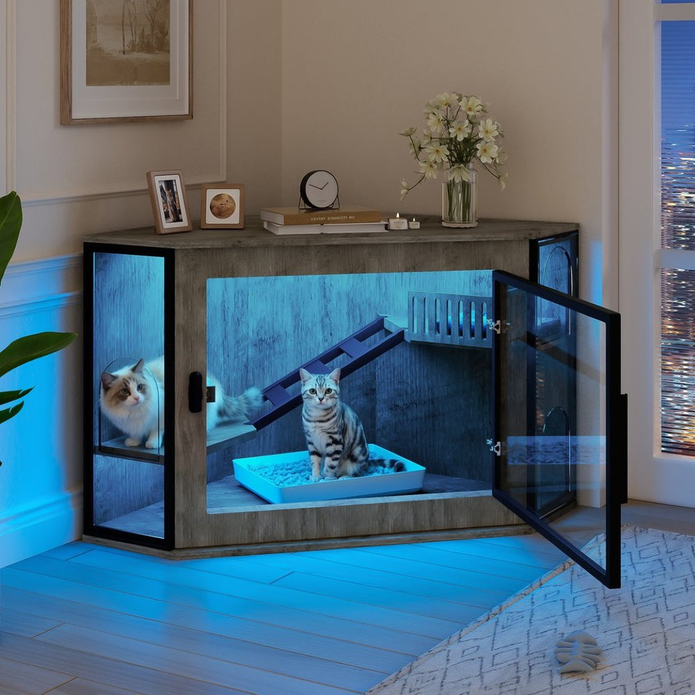 English Elm 48" Corner Mdf Cat Litter Enclosure Cabinet with Led Acrylic Door and Play Loft Grey N704P402446E