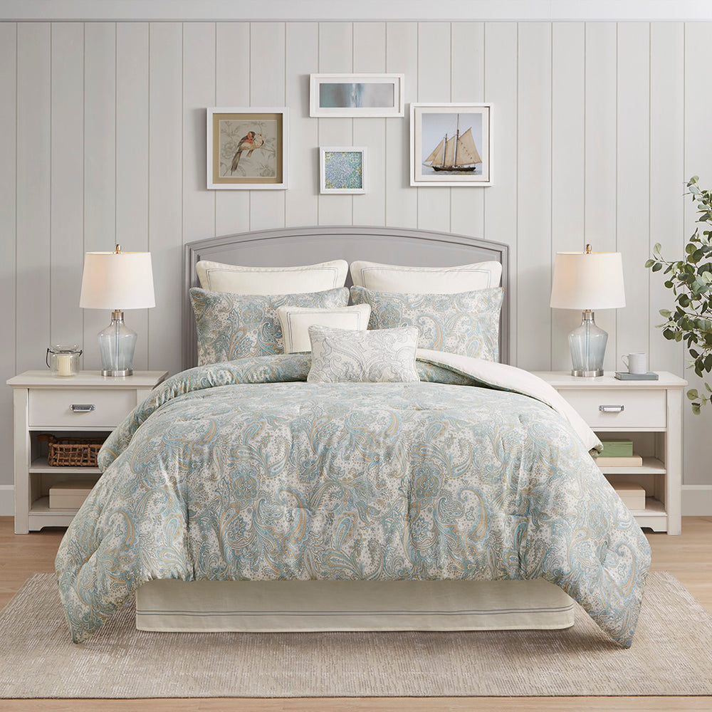 JLA Home Harbor House Blue - Cotton Harbor House Chelsea Euro Sham in Ivory Paisley with Blue & Khaki Embroidered Satin-Stitch Border HH11-496