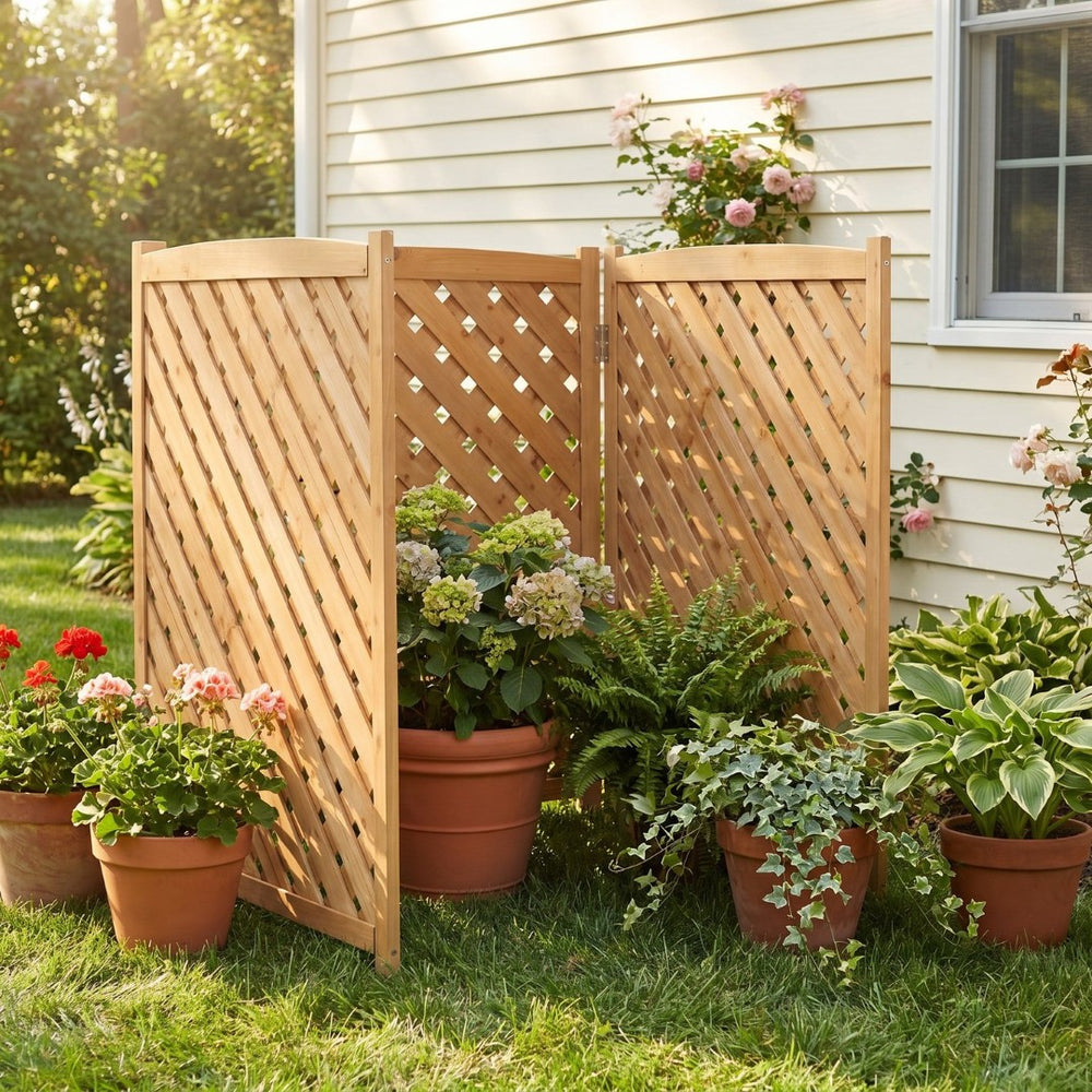 English Elm 3-panel Outdoor Wood Slatted Privacy Screen Enclosure for Patio Equipment Areas Light Brown W2640P389250