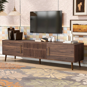 English Elm Mid Century TV Stand Walnut Finish with 2 Drawers, Cable Management, Solid Wood Legs, 80'' Safe Storage and Style N710P222772P